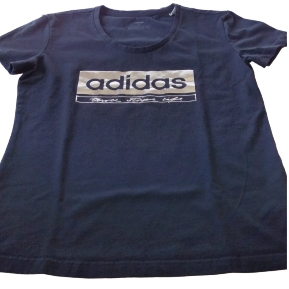 Adidas T shirt Women Small Black Silver Metallic Logo‎ Regular Fit Short Sleeves